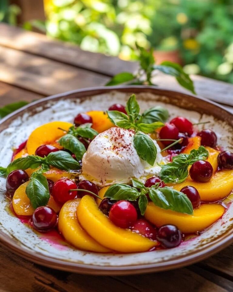 Insalata di pesche e ciliegie con burrata su base gazpacho