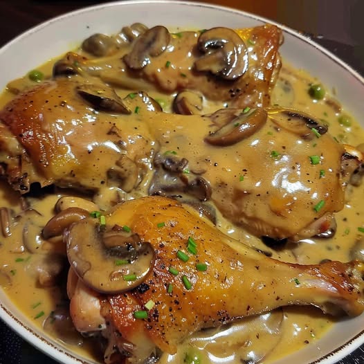 Cosce di pollo al forno con salsa cremosa ai funghi