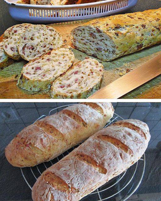 Delizioso pane alla cipolla e formaggio con prosciutto