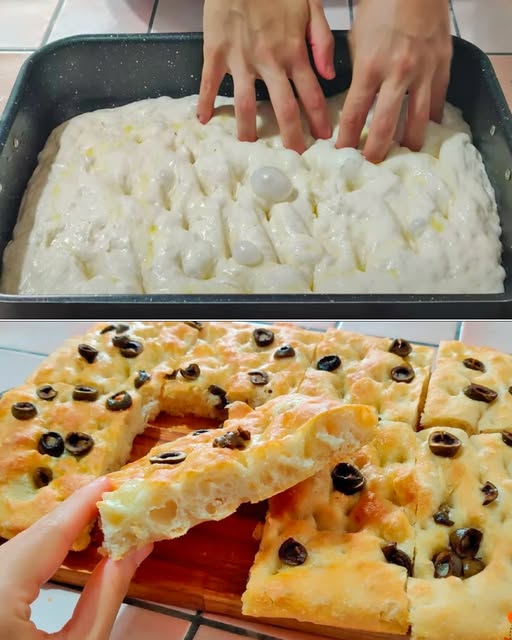 Piena di bolle, alta e soffice! È la focaccia alle olive più buona che ci sia  Salva la ricetta: