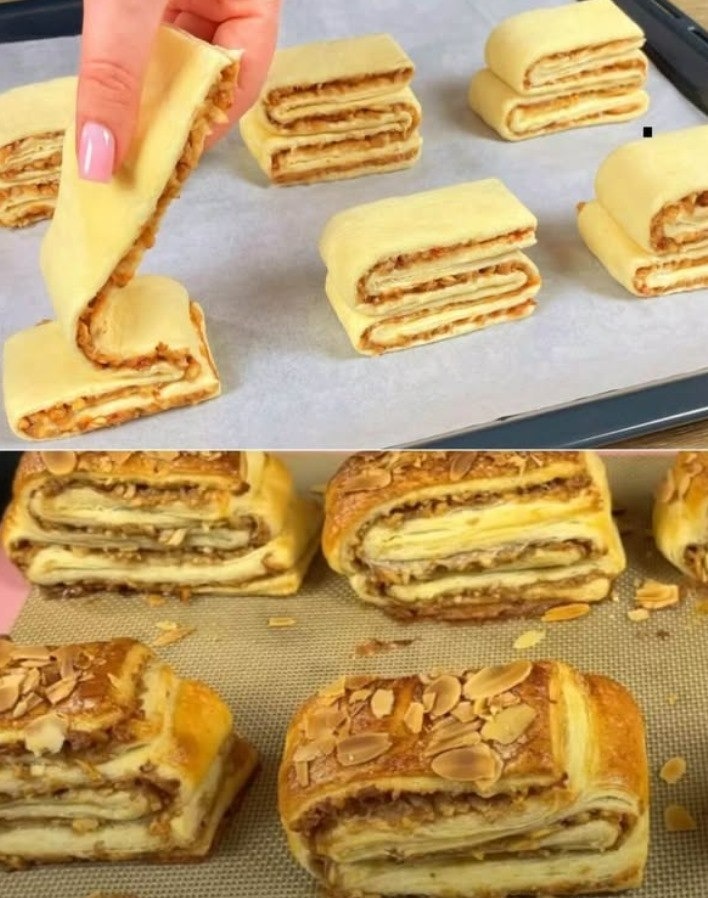 Quadrotti di pasta sfoglia con mele e mandorle facili