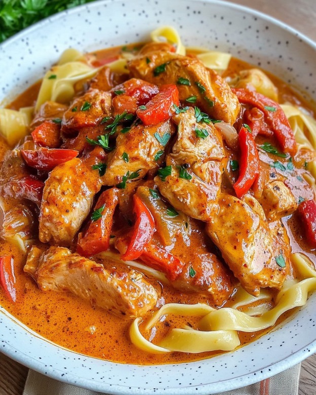 Pollo cremoso alla paprika e panna con tagliatelle