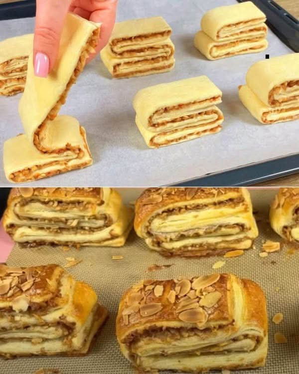 Quadrotti di pasta sfoglia con mele e mandorle facili