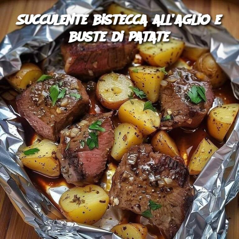 Succulente bistecca all’aglio e buste di patate