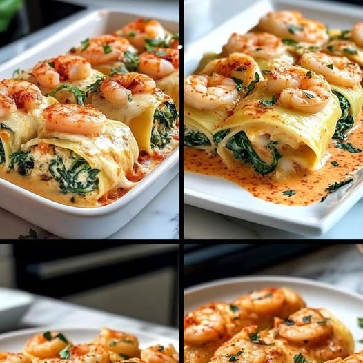 Involtini di pasta ripieni di gamberi e spinaci, accompagnati da una crema di peperoni rossi arrostiti!