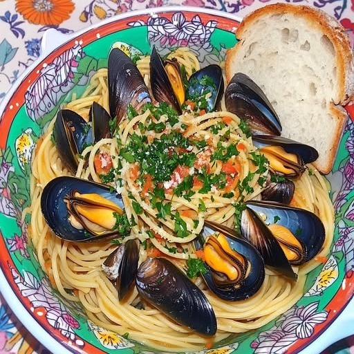 Linguine con aglio, olio, cozze e pepe alla tarantina