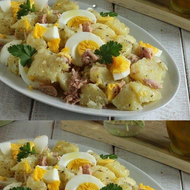 Insalata di patate con uova e tonno