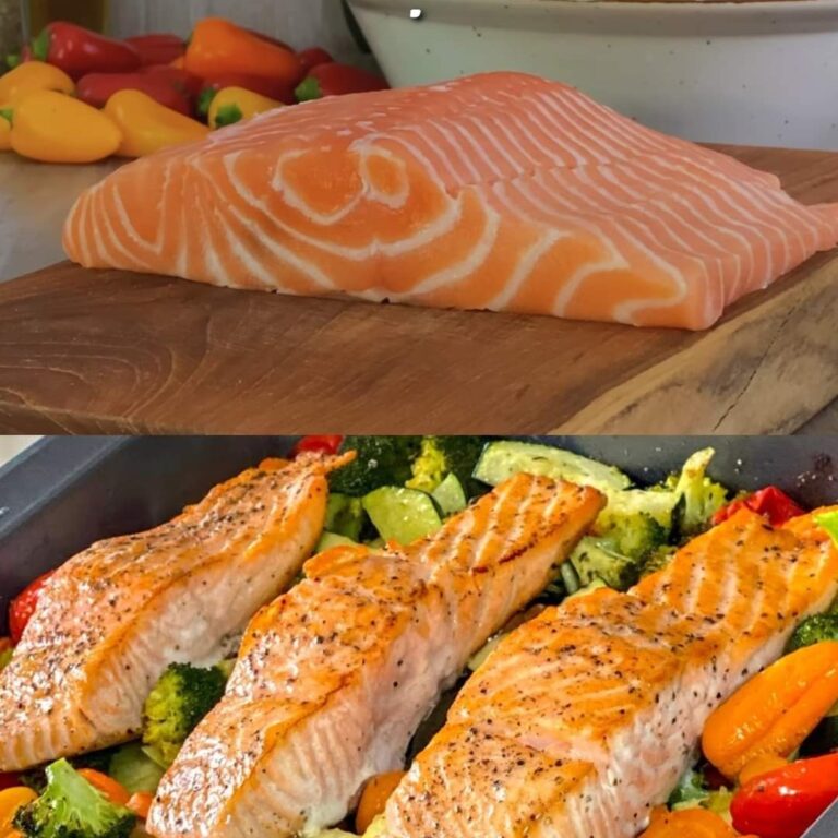 Salmone dorato e verdure arrosto con salsa cremosa alla senape