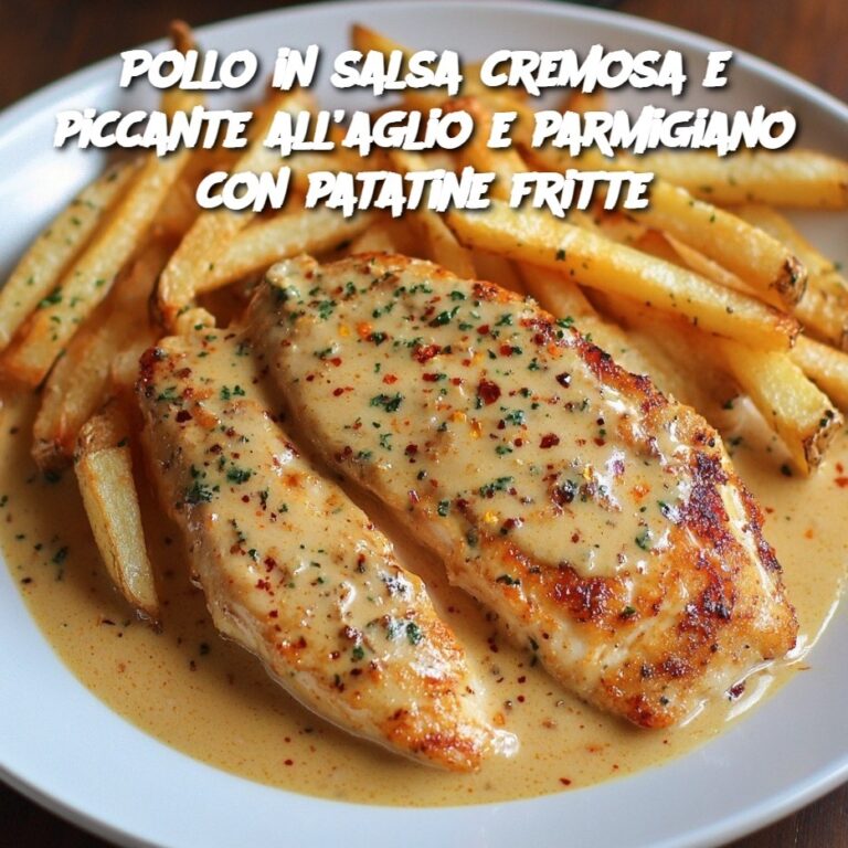 Pollo in salsa cremosa e piccante all’aglio e parmigiano con patatine fritte