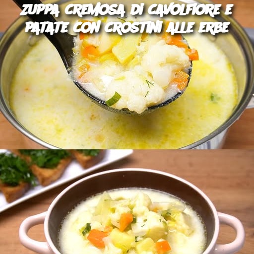 Zuppa cremosa di cavolfiore e patate con crostini alle erbe