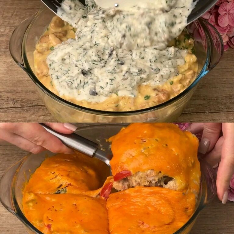 Sformato di pollo al forno con formaggio, patate cremose, funghi e verdure – Un piatto preferito da tutta la famiglia, ricco di comfort e sapore