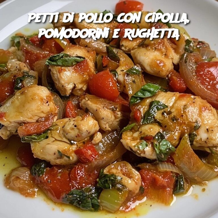 Petti di pollo con cipolla, pomodorini e rughetta