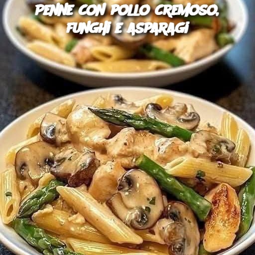 Penne con pollo cremoso, funghi e asparagi