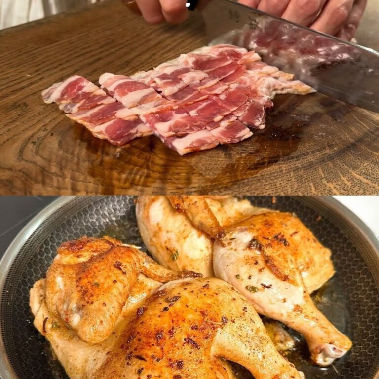 Pasta mediterranea con pollo, pancetta, spinaci e formaggio