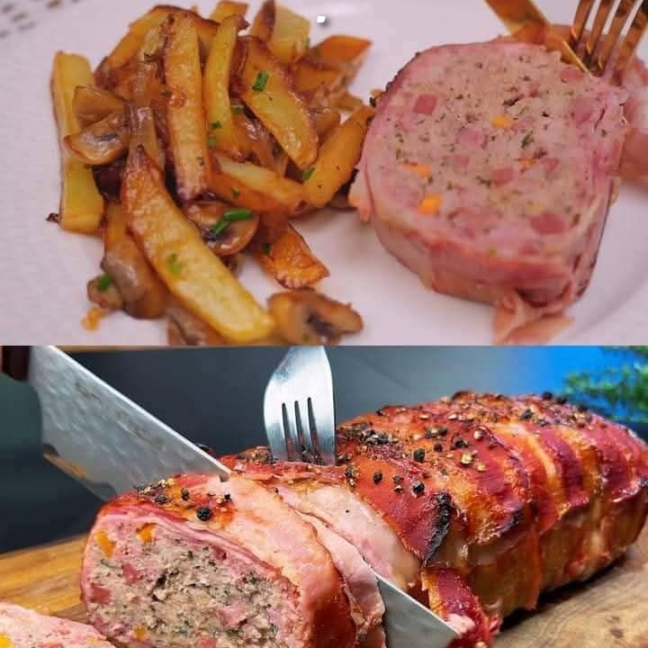 Polpettone fatto in casa con glassa di pomodoro e patate fritte con funghi e cipolle