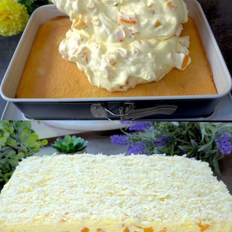 Torta alla vaniglia e pesche con panna e cioccolato bianco