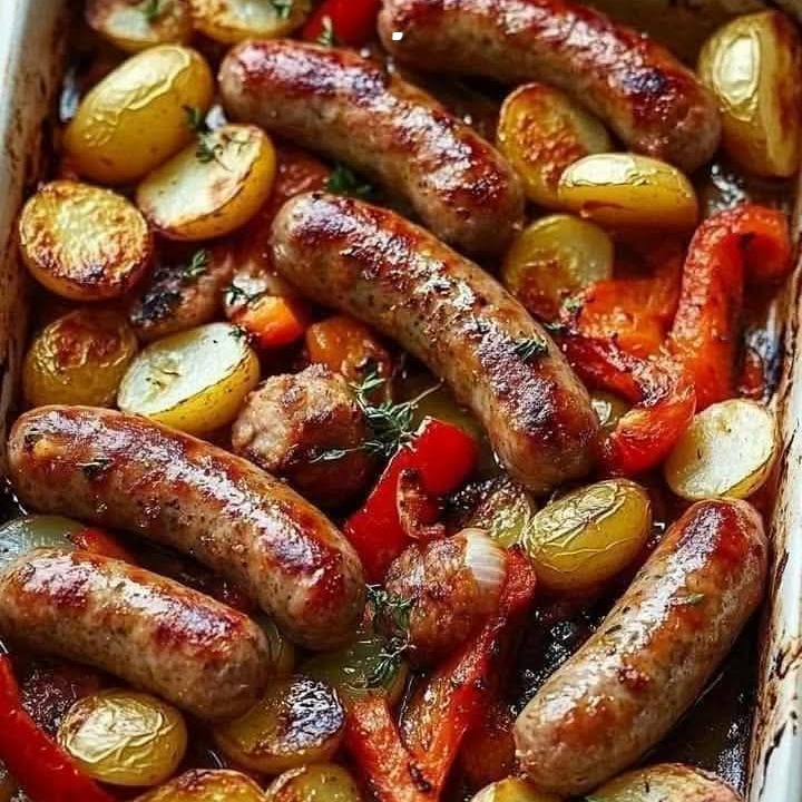 Salsicce arrostite con peperoni, cipolle e patate