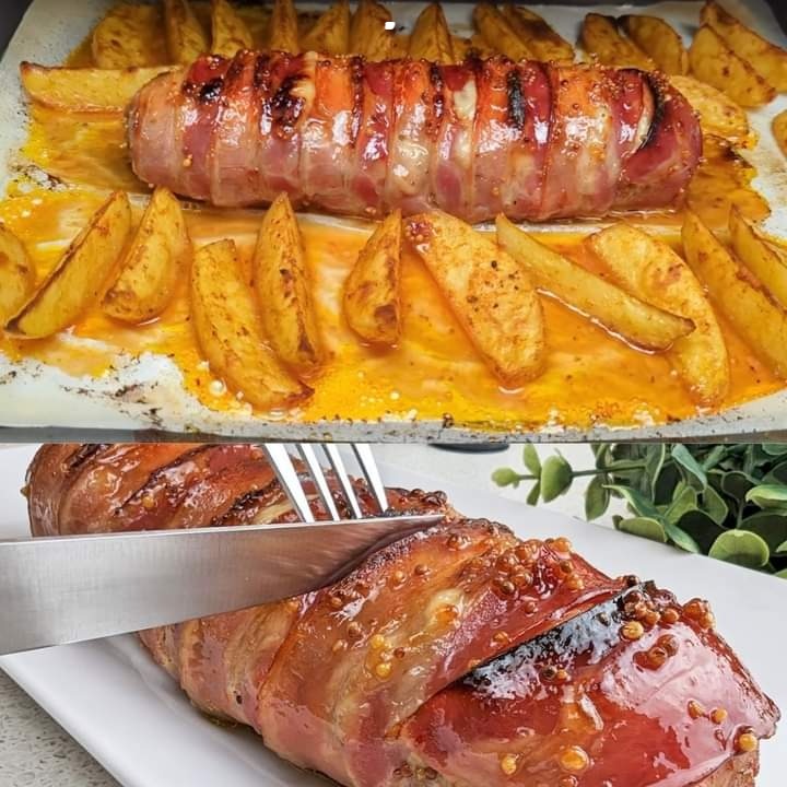 Filetto di maiale avvolto nella pancetta e patate arrosto degne di un banchetto