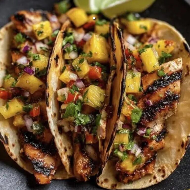 Tacos di pollo teriyaki con salsa di ananas e pere grigliate