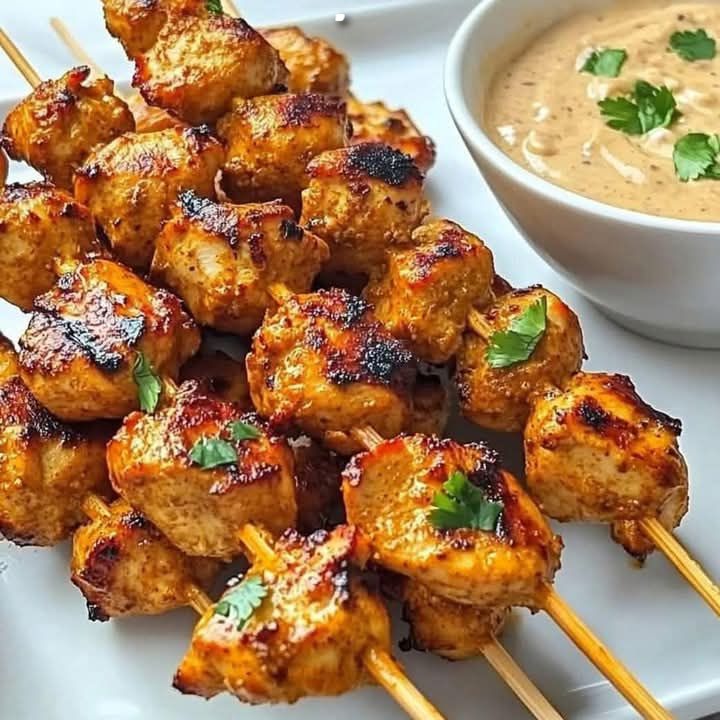 Spiedini di pollo al curry thailandese con salsa cremosa al cocco e arachidi