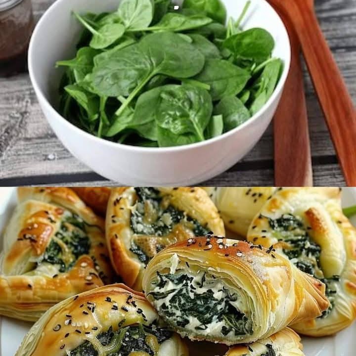 Ingredienti: 1 rotolo di pasta sfoglia 200 g di spinacini 2 spicchi d’aglio tritati 1 cucchiaio di olio d’oliva 225 g di formaggio spalmabile 1/2 tazza di mozzarella grattugiata 1 uovo sbattuto 1 tuorlo d’uovo Un pizzico di sale Un pizzico di pepe nero Istruzioni: