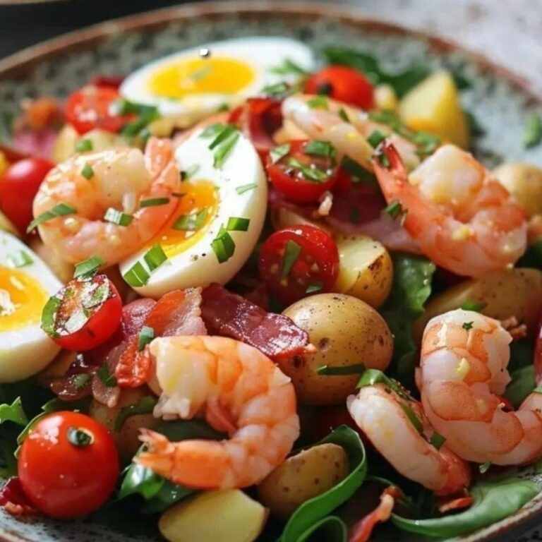 Insalata di patate, gamberi rosa, uova sode e pancetta