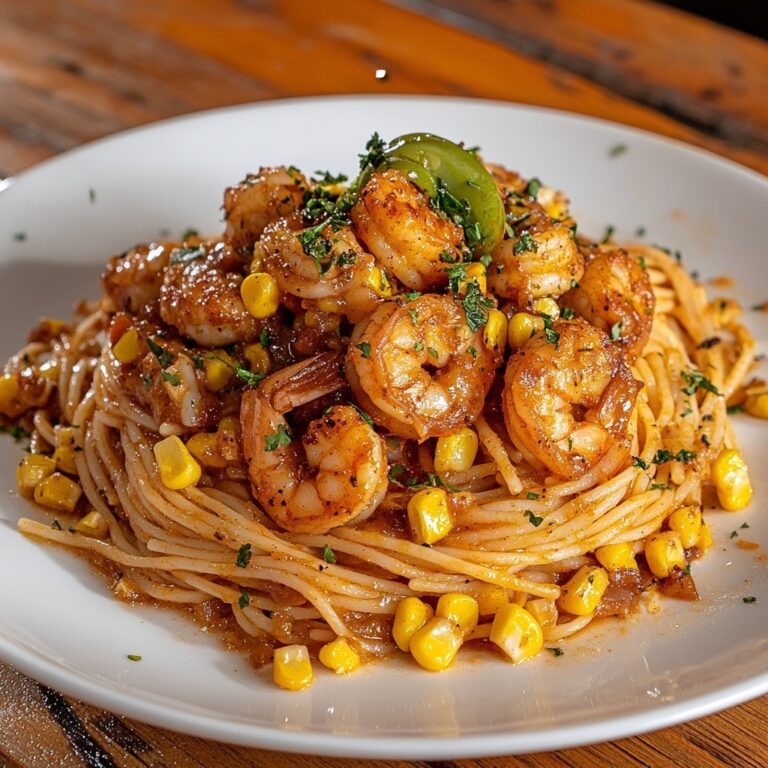 Spaghetti con gamberi alla cajun, mais e salsa di pomodoro affumicata
