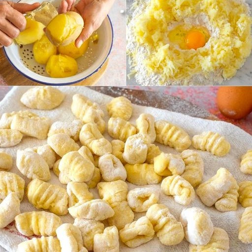 Gnocchi di patate: la ricetta originale del grande classico della tradizione italiana Ingredienti: FARINA 00 300 grammi PATATE 1 kg UOVO 1 SALE  Come preparare gli gnocchi di patate: Passo 1 Lavare le patate e cuocerle a vapore in una pentola a pressione; Potete anche lessarle in acqua bollente salata.  Passo 2 Una volta cotte, scolate le patate e sbucciatele quando sono ancora calde.  Passaggio 3 Mettete le patate nello schiacciapatate