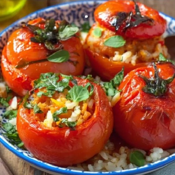 Pomodori ripieni tradizionali italiani con riso ed erbe aromatiche