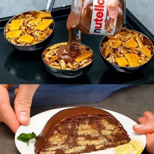 Torta alla Nutella e noci con panna montata e cioccolato fondente