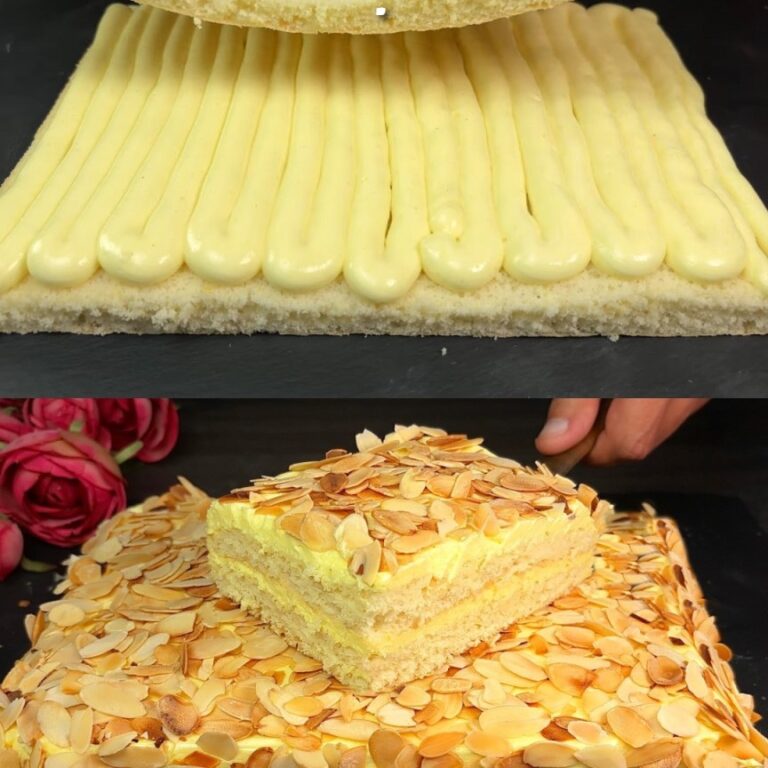 Torta spugna al limone con crema al limone e guarnizione di mandorle