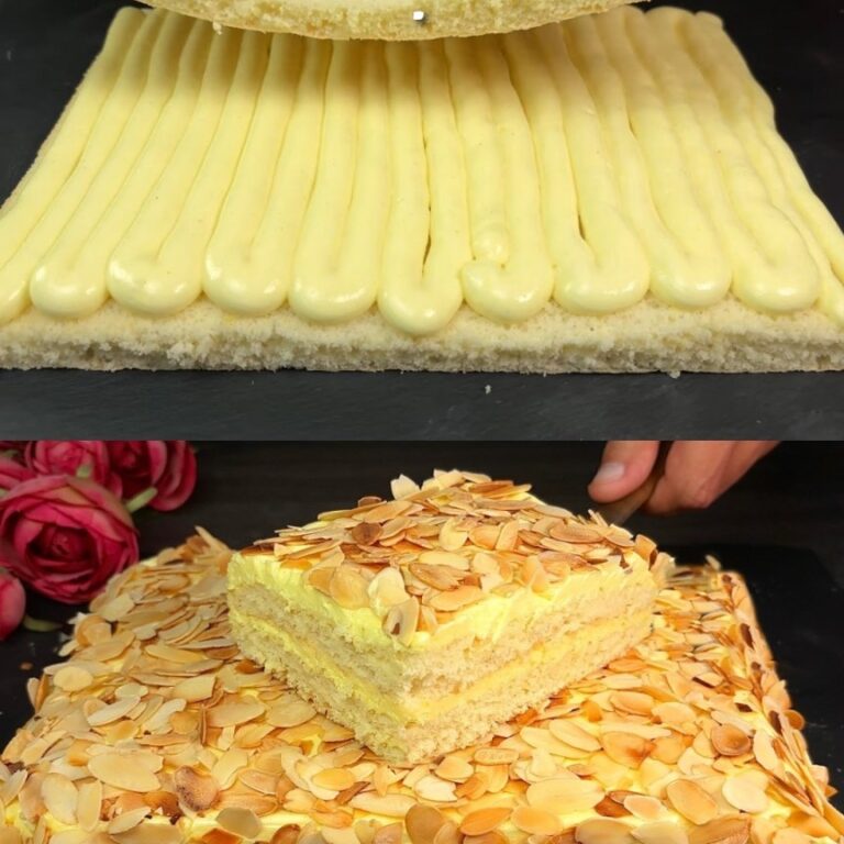 Torta spugna al limone con crema al limone e guarnizione di mandorle