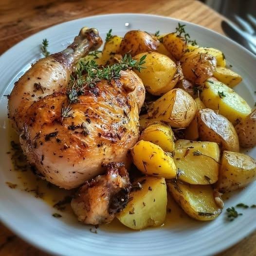 Pollo arrosto con erbe aromatiche e verdure novelle