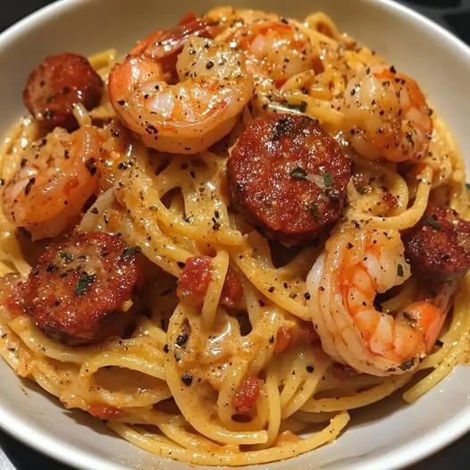 Spaghetti con crema di peperoni, chorizo ​​e gamberi
