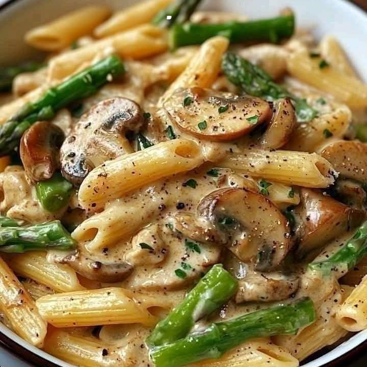 Ingredienti (per 4 persone) 320 g di penne  300 g di petto di pollo  200 g di funghi champignon (o misti)  150 g di asparagi (già puliti)  1/2 cipolla o 1 scalogno  150 ml di panna da cucina (oppure formaggio spalmabile o mascarpone per una variante)  Olio extravergine d’oliva q.b.  Sale e pepe q.b.  Parmigiano Reggiano grattugiato (facoltativo)  Prezzemolo tritato (facoltativo)