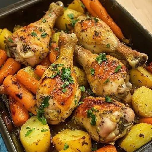 Pollo arrosto al forno con patate e carote