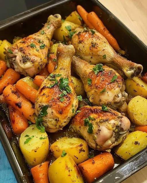 Pollo arrosto al forno con patate e carote