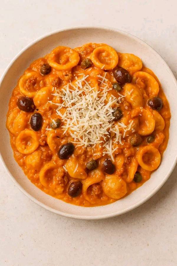 Orecchiette con crema di peperoni, capperi, olive taggiasche, salsiccia e caciocavallo stagionato